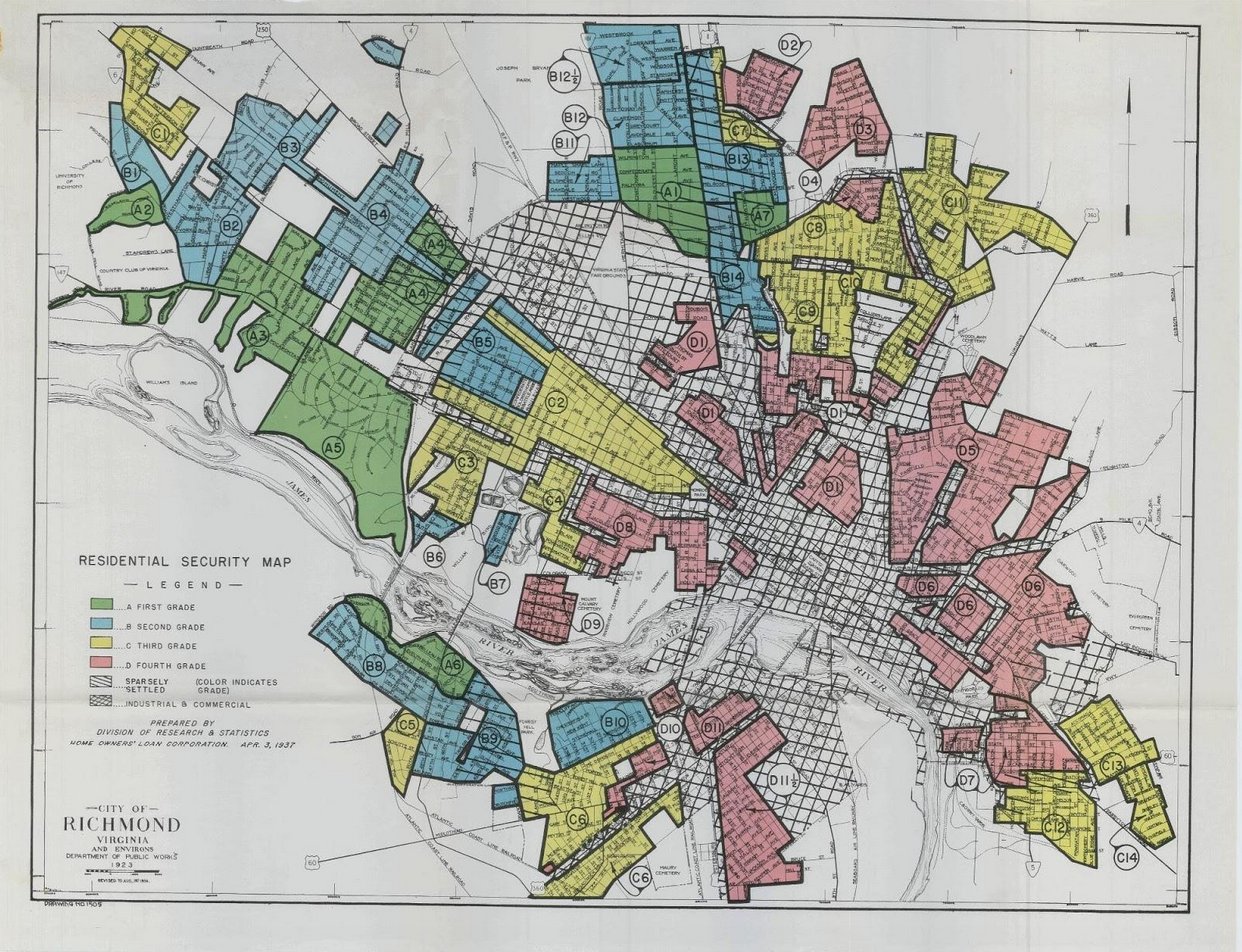 A vintage map of Richmond, Virginia, color-coded by neighborhood grades: green for “First Grade,” blue for “Second Grade,” yellow for “Third Grade,” and red for “Fourth Grade.” Streets, rivers, and area numbers are labeled.