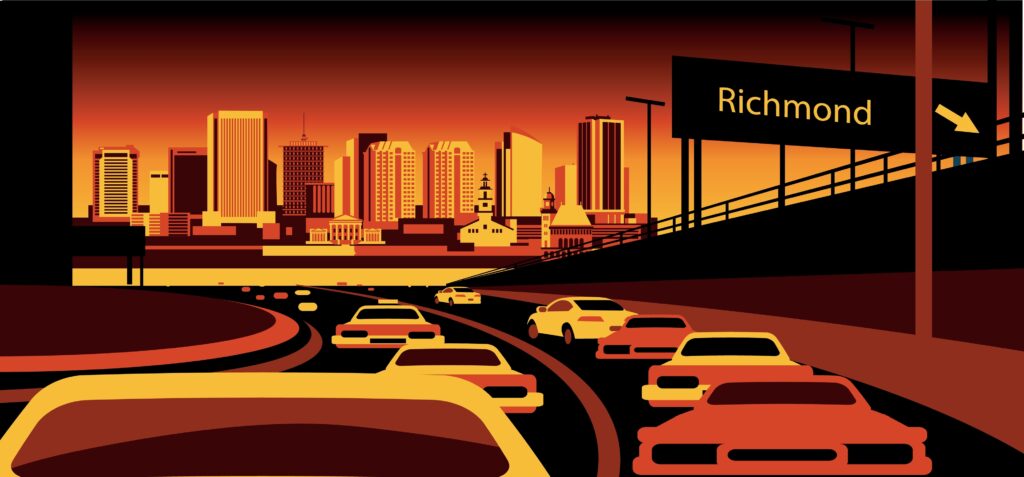 Illustration of cars driving on a highway toward a city skyline at sunset, with a road sign reading Richmond on the right side. The scene is rendered in shades of orange, yellow, and brown.
