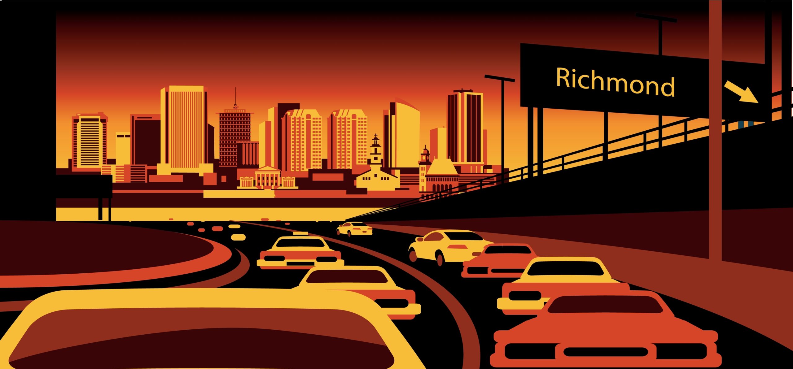 Illustration of cars driving on a highway toward a city skyline at sunset, with a road sign reading Richmond on the right side. The scene is rendered in shades of orange, yellow, and brown.