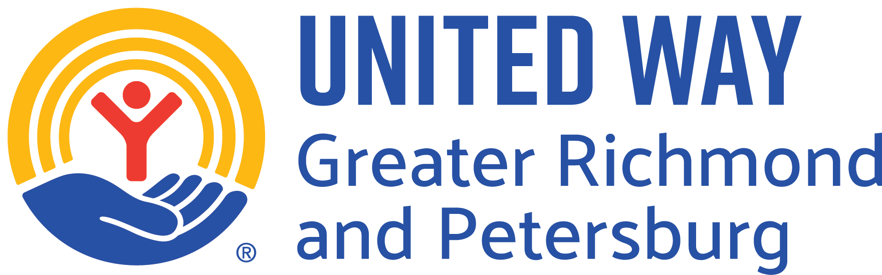 United Way Greater Richmond and Petersburg logo, featuring a blue hand holding a red person inside yellow arcs, next to the organizations name in blue text.