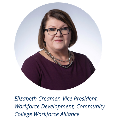 Portrait of a woman with short brown hair, glasses, and a dark purple top, wearing a silver necklace, with a neutral light background. Text below reads: Elizabeth Creamer, Vice President, Workforce Development, Community College Workforce Alliance.