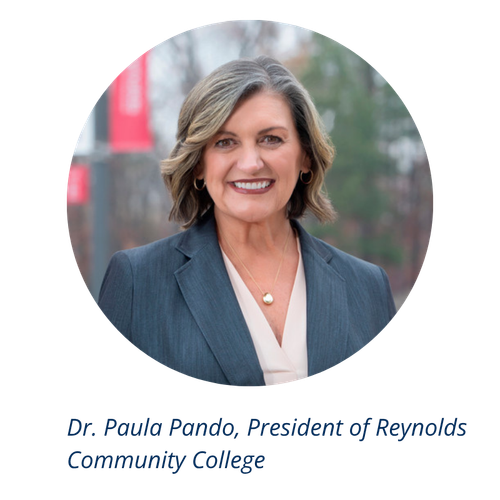 A woman with shoulder-length hair, wearing a grey blazer and light blouse, smiles at the camera. Text below reads: Dr. Paula Pando, President of Reynolds Community College.